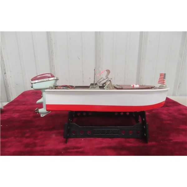 Vintage Battery-Operated Wooden Toy Boat, 1960s, Streamline Outboard, 11"