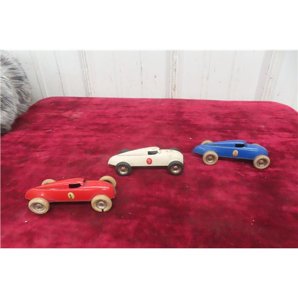 3x Lehmann GNOM Tinplate Racing Cars No. 808, 1930s German, 4" Long
