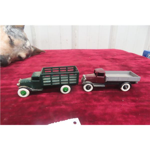 2 Dinky Trucks: No. 25F Market Gardener Truck (1930s–1940s) and No. 25E Tipping Truck (1946–1950),