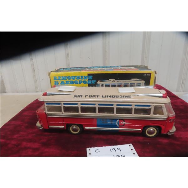 Airport Limousine Tin Friction Bus, 14" Long, China MF-910 (1960s–1970s), With Box