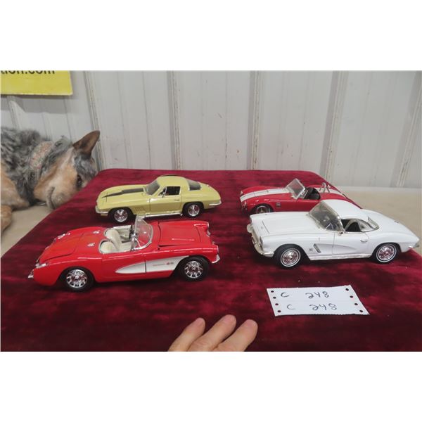 4 1/18 Scale Die Cast Cars 62 Corvette Shelby Cobra 57 Chevy Corvette and 67 Corvette Stingray