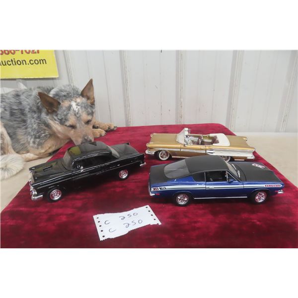 3 1/18 Scale Die-Cast Cars: 1958 Bonneville, 1969 Plymouth Barracuda, 1956 Chevy Bel Air