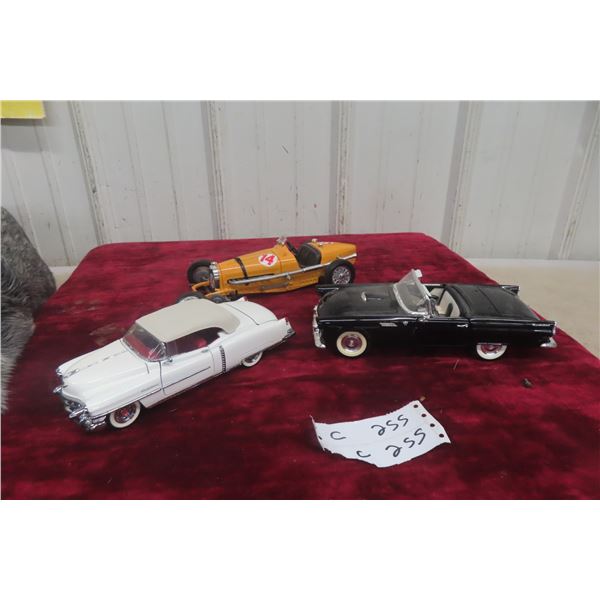 3 1/18 Scale Die-Cast Cars: Cadillac Eldorado, Ford Thunderbird, 1934 Bugatti, and 1 Car Needing Re