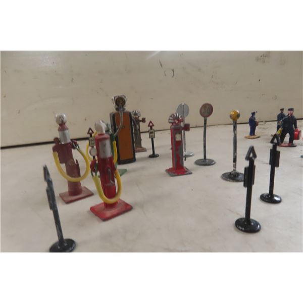 Dinky Die-Cast Gas Pumps and Traffic Signs, 15 Pieces
