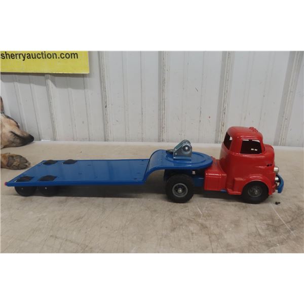 GMC Truck and Fivehook Lowboy Trailer, 1950s, Pressed Steel and Die-Cast, 24" Long