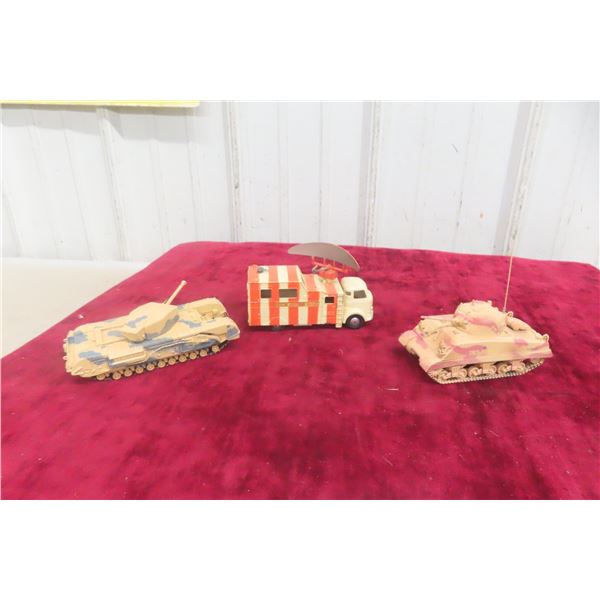 3 Military Corgi Models: Carrier Gamecock, Sherman Tank, and Churchill Tank, 1/43 Scale