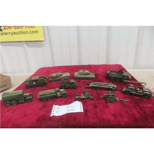 10 Military Vehicles, Various Brands, Including Trucks, Guns, and Tanks