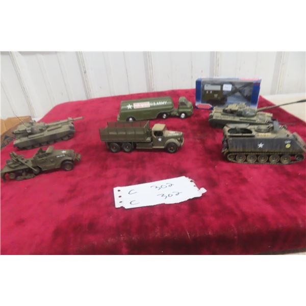7 Corgi Military Vehicles Including Trucks, Tanks, and Shovel