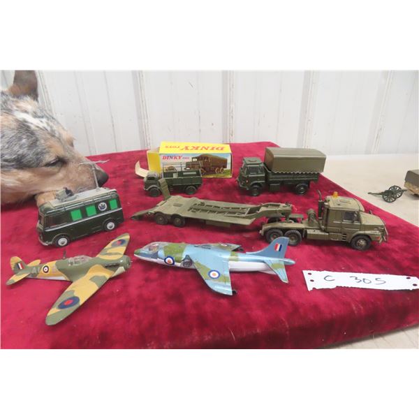 6 Military Dinky Vehicles Including Trucks, Planes, and Jeeps