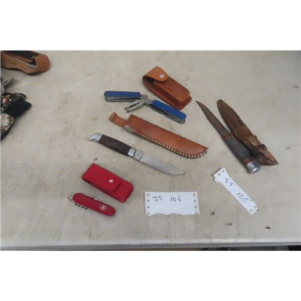 3 Knives in Sheaths and Utility Tool