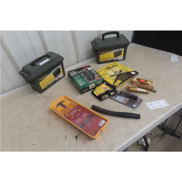 2 Magnum .30 Caliber Ammo Cans, Gun Cleaning Kit, Duck Call, Compass, Torch/Light, and Shovel