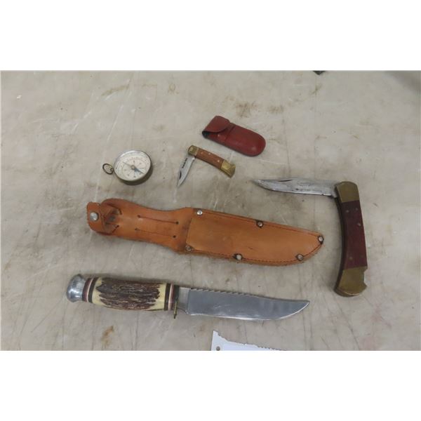 Hunting Knife, Pocket Knife, and Compass