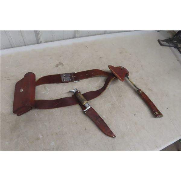 Leather Belt, Ammo Pouch, Carabiner Hatchet, and Hunting Knife
