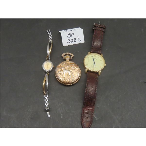 1 Marcus Pocket Quartz Watch (Hunting Scene), 1 Orvis Watch (Cracked Crystal), 1 Armitron Women's W