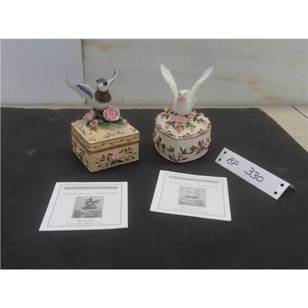 2 Music Boxes: White Dove Trinket "Wing of Love" & Blue Jay Keepsake "Wing of Love", with Certificat