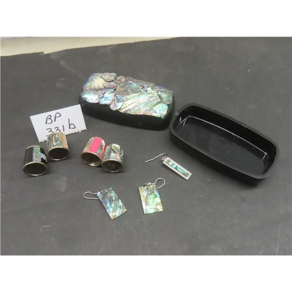 4 Thimbles (3 Mexican Silver and Abalone, 1 Brass and Abalone), 1 Pair Abalone Earrings, 1 Single S