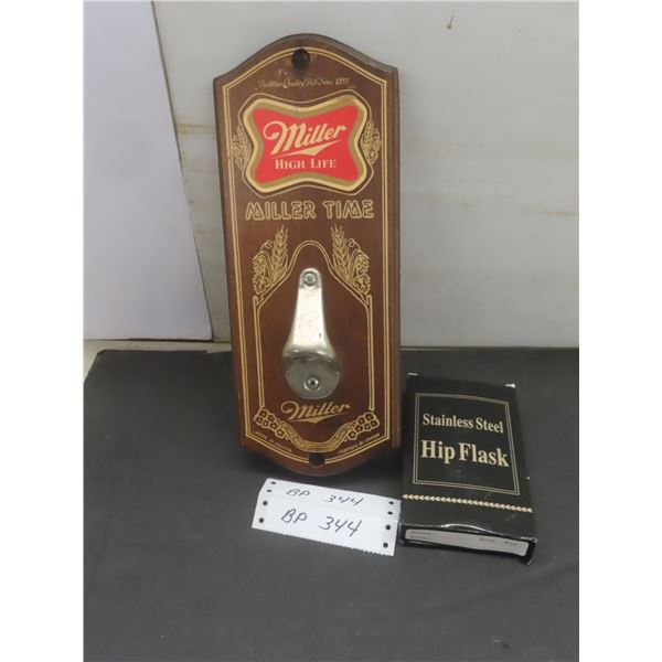 Miller Bottle Opener and Hip Flask, New in Box, 13 1/4", 14" x 8" x 5"