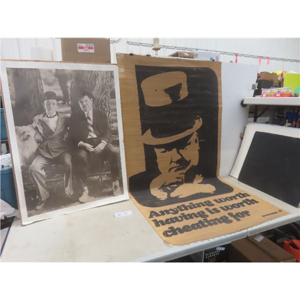 Laurel and Hardy Picture 36" x 26" and W.C. Fields on Wicker Style Roll-Up Picture 66" x 35"