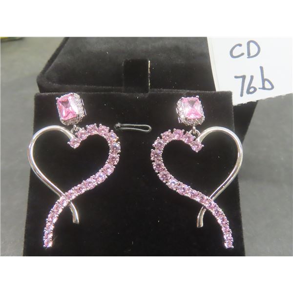 New Platinum Plated 1.0ct Emerald Cut Pink Simulated Diamond (CZ) Heart Dangle Earrings