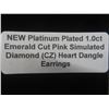 Image 8 : New Platinum Plated 1.0ct Emerald Cut Pink Simulated Diamond (CZ) Heart Dangle Earrings