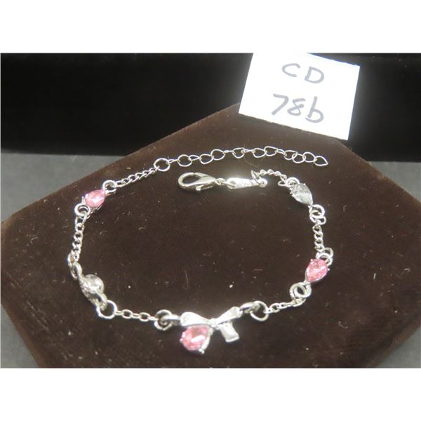 New Platinum Plated Pear Cut Pink Simulated Diamond (CZ) Bracelet, Adjustable 7-8.5" Long