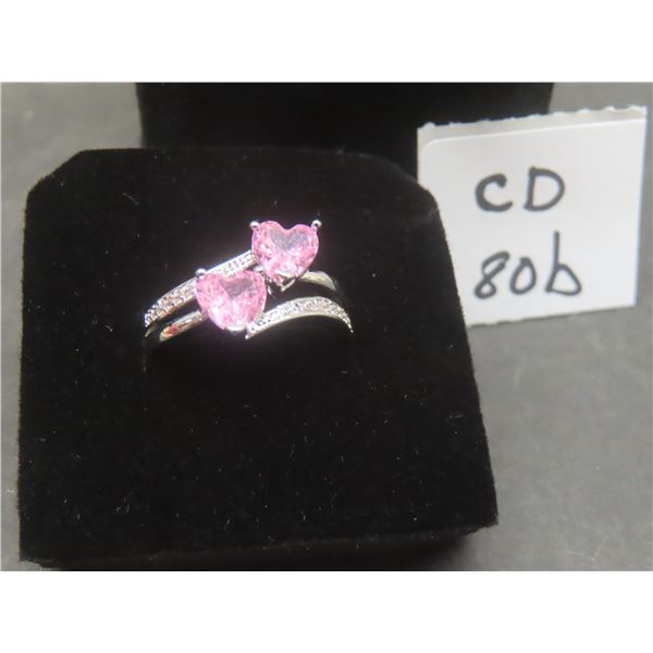 New Platinum Plated 1.0 tcw Heart Cut Pink Simulated Diamond (CZ) Chanel Ring, Size 7