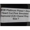 Image 8 : New Platinum Plated 1.0 tcw Heart Cut Pink Simulated Diamond (CZ) Chanel Ring, Size 7