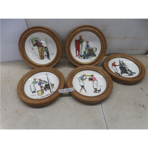 5 Norman Rockwell Collector Plates with Oak Frames
