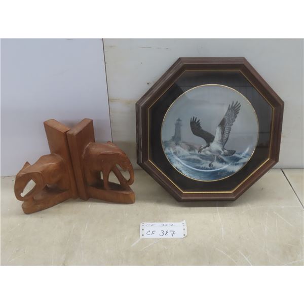 Hand Carved Kenya Elephant Book Ends and Terry McLean Collector Plate with Wood Frame