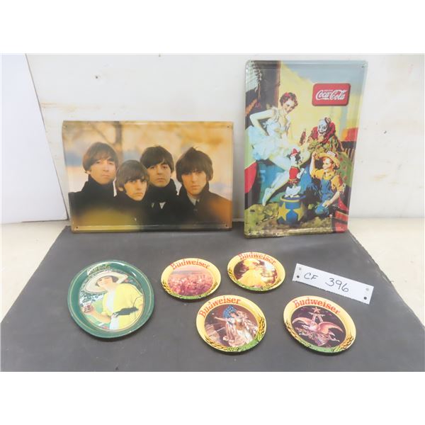 2 Modern Metal Signs 12" x 8": The Beatles and Coca-Cola, 4 Small Budweiser Coasters