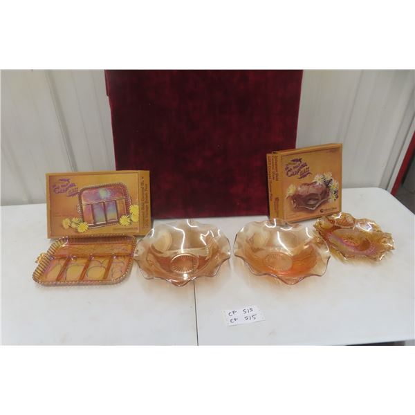 4 Carnival Glass 2 w/Box + Tray, and Butter/Candy Dish