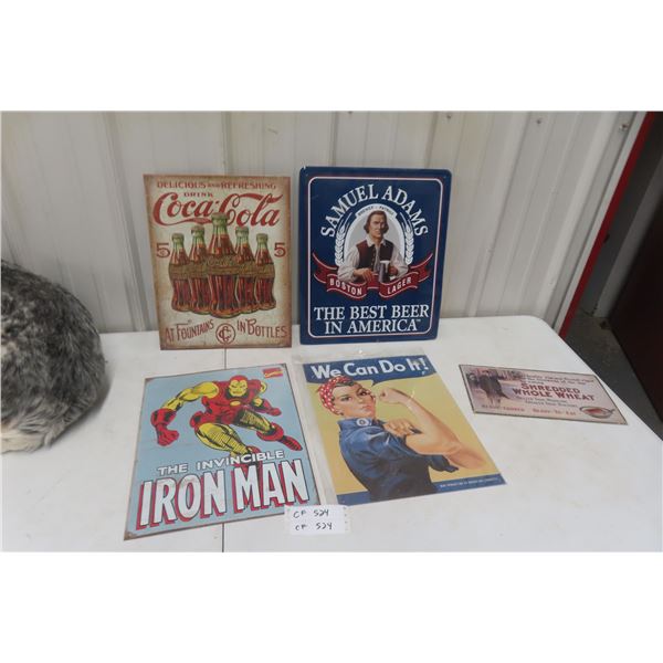 5 Retro Tin signs: Coca-Cola, Samuel Adams, Iron Man, Rosie the Riveter, Shredded Wheat