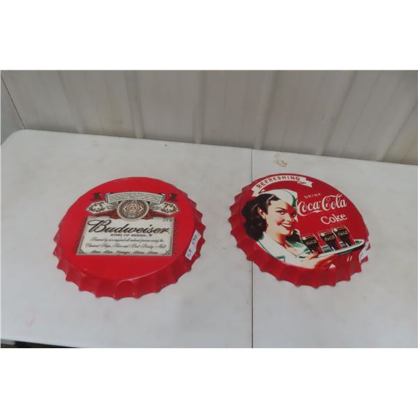 2 Modern Bottle Cap Signs, 16" Diameter, Coke and Bud