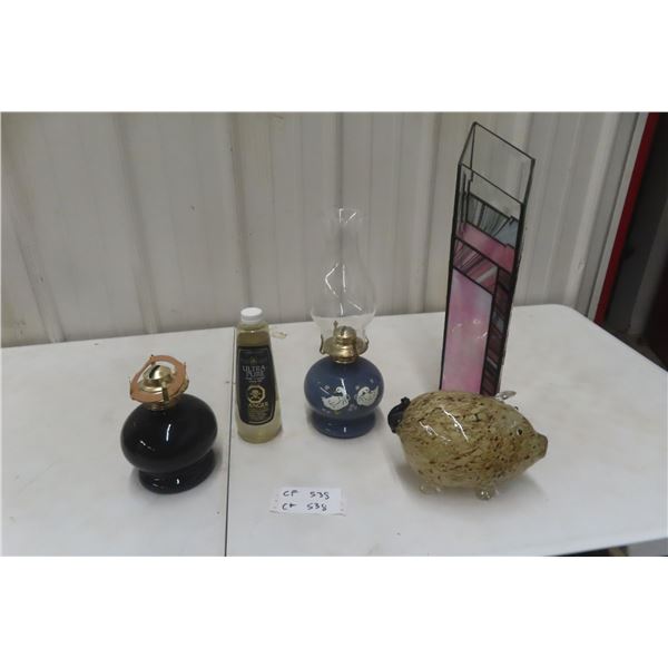 2 Coal Oil Lamps, Stained Glass Vase, and More