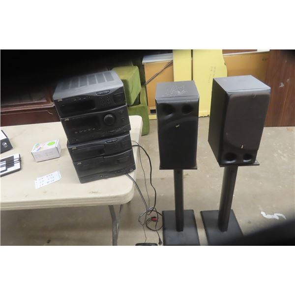 JVC Stereo, AM/FM Radio, CD Player, Cassette Player, Speakers, and Stand