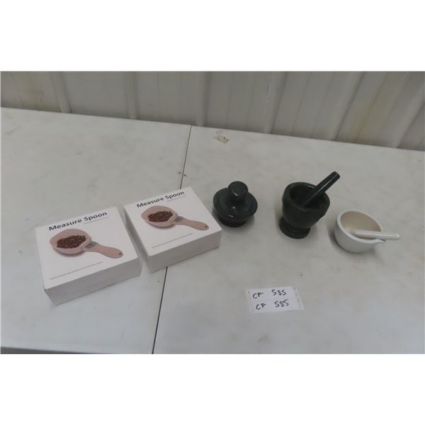 2 Boxed Digital Measure Spoons, 2 Stone Mortar & Pestles, 1 Ceramic Mortar & Pestle