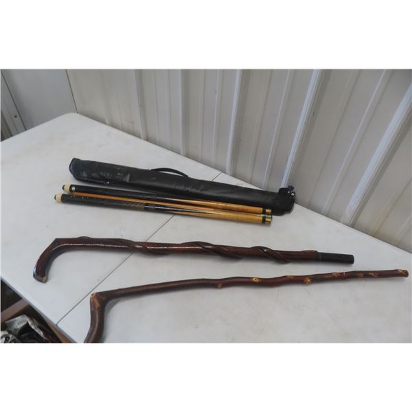2 Hand Carved Wooden Walking Canes & 2 Pool Cues with Leather Carrying Case