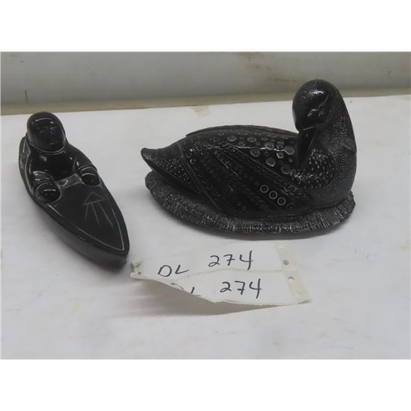 Aardik Soapstone Carved Loon 4" x 7" x 4" and Seal Hunter in Kayak 3" x 7 1/2" x 2"