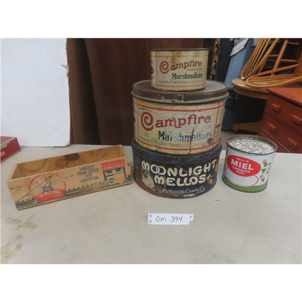 Vintage Tins: Honey, Campfire Marshmallows, Moonlight Mellos, and Valis Wood Cheese Box