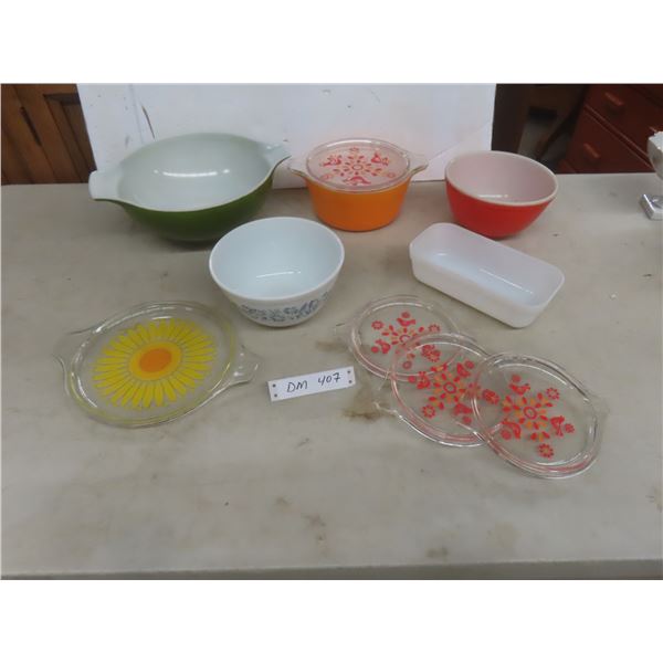 Pyrex Mixing Bowls, Casserole Dish, Extra Glass Lids, and Fire King Loaf Pan