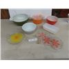 Image 1 : Pyrex Mixing Bowls, Casserole Dish, Extra Glass Lids, and Fire King Loaf Pan