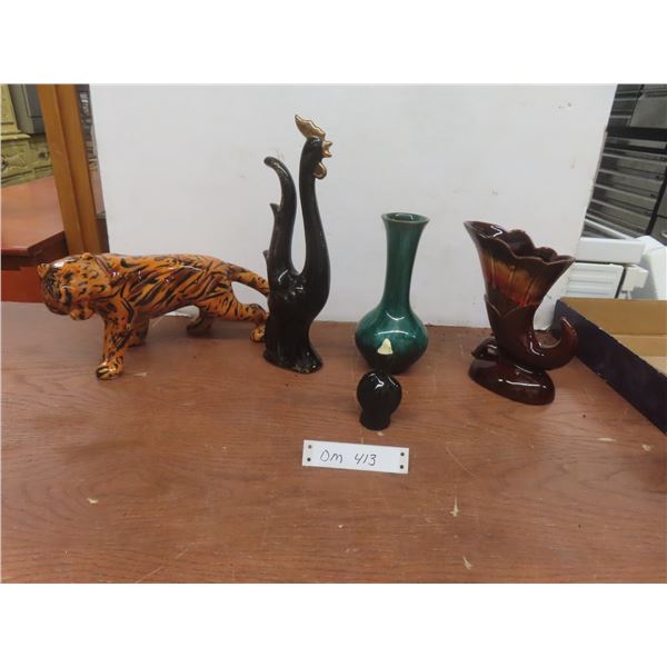 Ceramic Tiger, Blue Mountain Vase, MCM Black Rooster with Gold Details, and Ceramic Horn