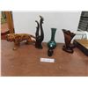 Image 1 : Ceramic Tiger, Blue Mountain Vase, MCM Black Rooster with Gold Details, and Ceramic Horn