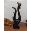Image 7 : Ceramic Tiger, Blue Mountain Vase, MCM Black Rooster with Gold Details, and Ceramic Horn