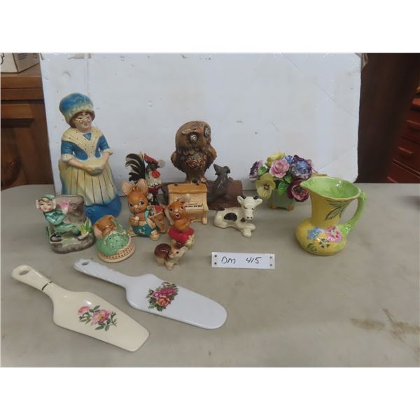 Bone China Floral Arrangement, China Pie Lifters, 3 Pieces Pendelfin Figures +