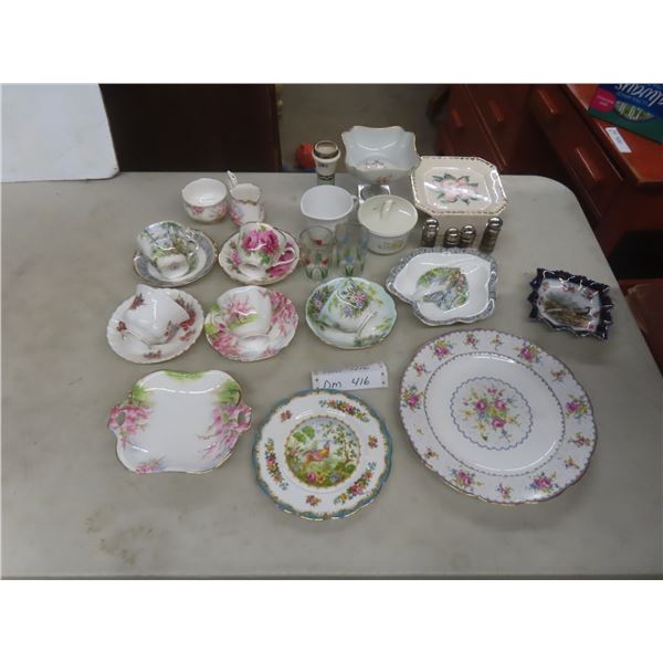 Cobalt Blue Glass & Silver Plated Salt Pepper Shakers & Royal Albert Cups, Saucers, Plates, Creamer,