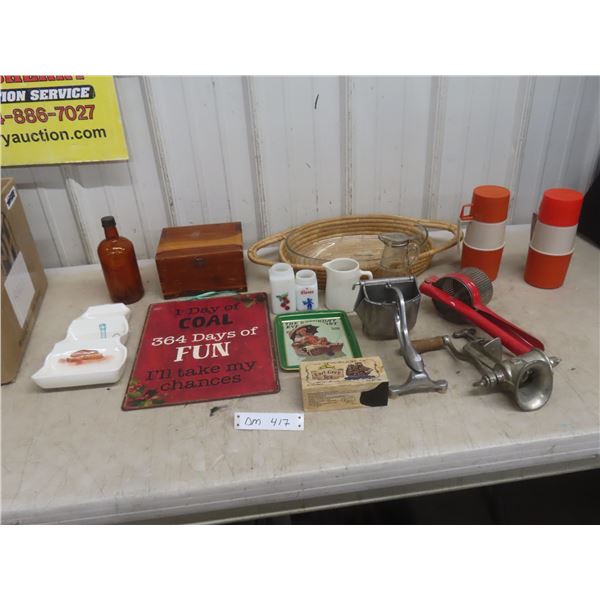 2 Thermoses, Meat Grinder, Juicer, Milk Glass, Casserole Dish with Wicker Holder, and More