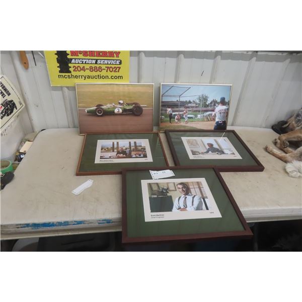 5 Framed Photos: Race Car, Ball Game, and Business People