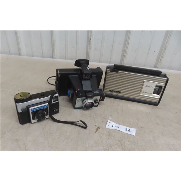 Nanoala Hi-Fi Transistor Radio, Polaroid Camera, and Kodak Instamatic Camera