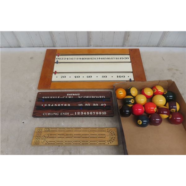 Pool Balls, Score Board, and Crib Board
